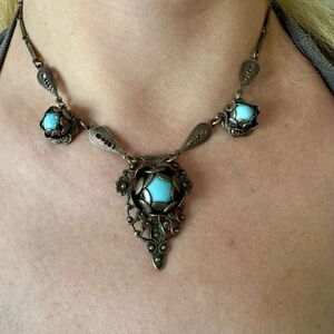Antique Art Nouveau Silver Tone Czech Glass Blue Chrysoprase Necklace 1890’s